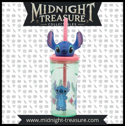 "Gobelet Stitch 3D avec Paille (360 ml) – Disney Lilo & Stitch. Gobelet transparent vert avec illustrations de Stitch et une tête 3D amusante sur le couvercle. Parfait pour les boissons froides et pour tous les fans de Lilo & Stitch."

