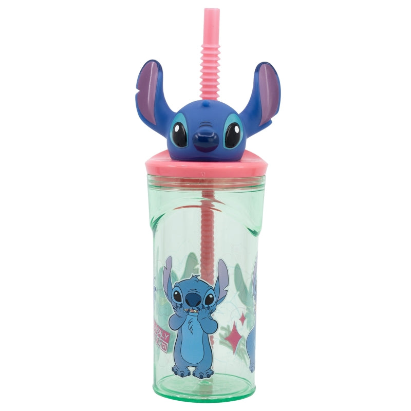 "Gobelet Stitch 3D avec Paille (360 ml) – Disney Lilo & Stitch. Gobelet transparent vert avec illustrations de Stitch et une tête 3D amusante sur le couvercle. Parfait pour les boissons froides et pour tous les fans de Lilo & Stitch."

