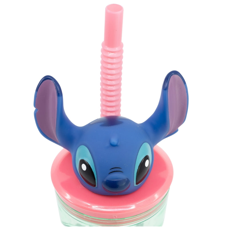 "Gobelet Stitch 3D avec Paille (360 ml) – Disney Lilo & Stitch. Gobelet transparent vert avec illustrations de Stitch et une tête 3D amusante sur le couvercle. Parfait pour les boissons froides et pour tous les fans de Lilo & Stitch."

