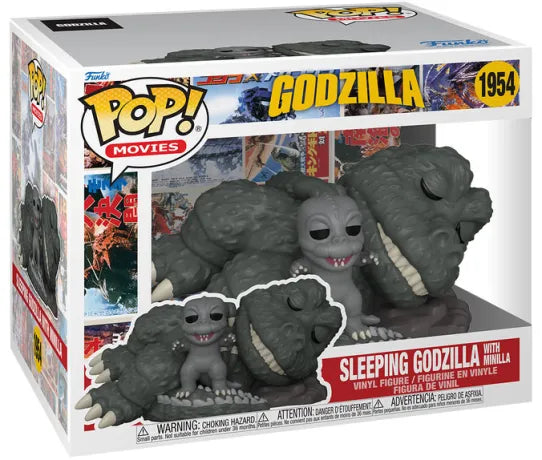 Funko Pop! Movies Godzilla – Sleeping Godzilla with Minilla (N°1954). Figurine diorama représentant Godzilla endormi avec Minilla, textures détaillées et pose paisible.