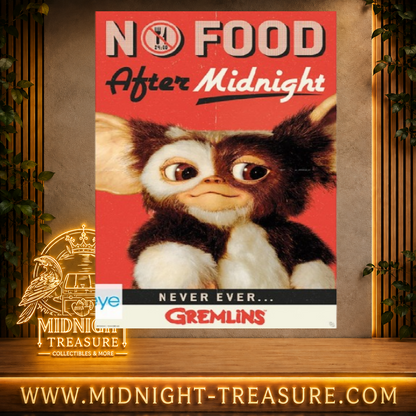 Poster Gremlins No Food After Midnight 91,5 x 61 cm avec Gizmo sur fond rouge et avertissement de ne pas le nourrir après minuit.