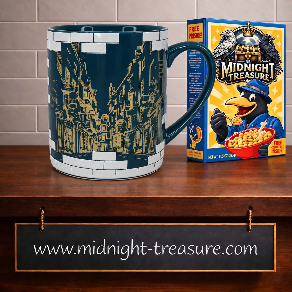 Mug officiel Harry Potter Chemin de Traverse 310 ml Half Moon Bay en céramique bleu pétrole avec illustration dorée de Diagon Alley et motifs de briques.