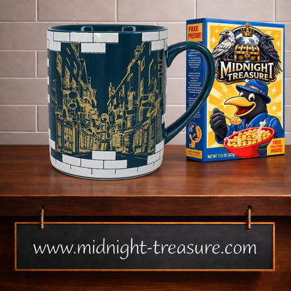 Mug officiel Harry Potter Chemin de Traverse 310 ml Half Moon Bay en céramique bleu pétrole avec illustration dorée de Diagon Alley et motifs de briques.