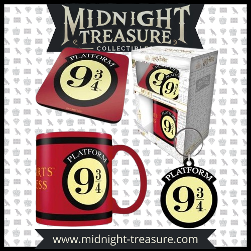 Coffret Harry Potter - Mug, Porte-clés, Sous-verre – Platform 9 ¾. Un set magique inspiré du célèbre quai de la saga, comprenant une tasse en céramique 315ml, un porte-clés en caoutchouc et un sous-verre en liège. Produit sous licence officielle, parfait pour les fans d’Harry Potter