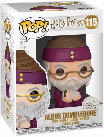 Funko Pop! Harry Potter – Albus Dumbledore avec Bébé Harry (N°115). Figurine représentant Dumbledore en tenue violette tenant le bébé Harry Potter emmailloté. Une pièce culte et émotive pour les fans de l’univers magique.