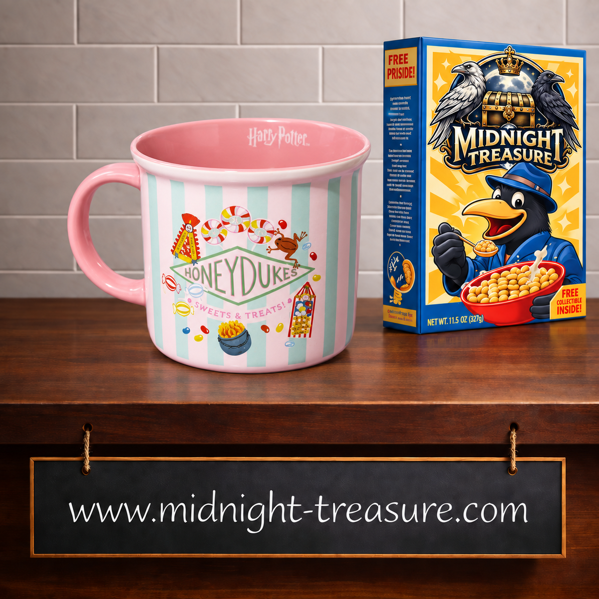 Mug Premium officiel Harry Potter Honeydukes 380 ml Grupo Erik en céramique rose et vert menthe avec illustrations de friandises de Pré-au-Lard.