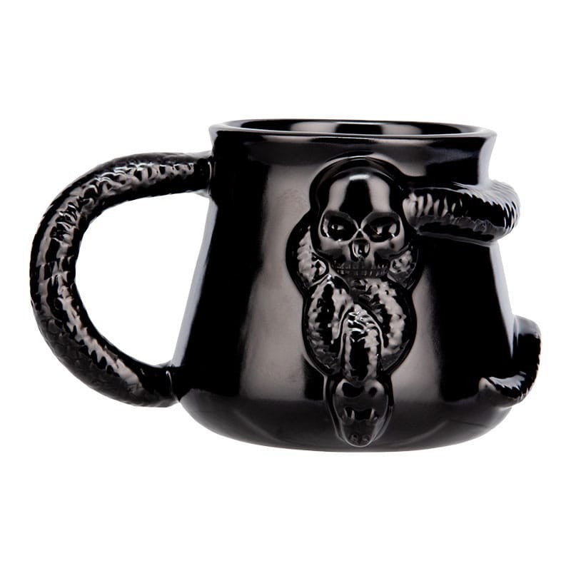 Mug Harry Potter – Marque des Ténèbres – 330 ml. Mug 3D noir en forme de chaudron avec crâne et serpent sculptés, inspiré du symbole des Mangemorts.