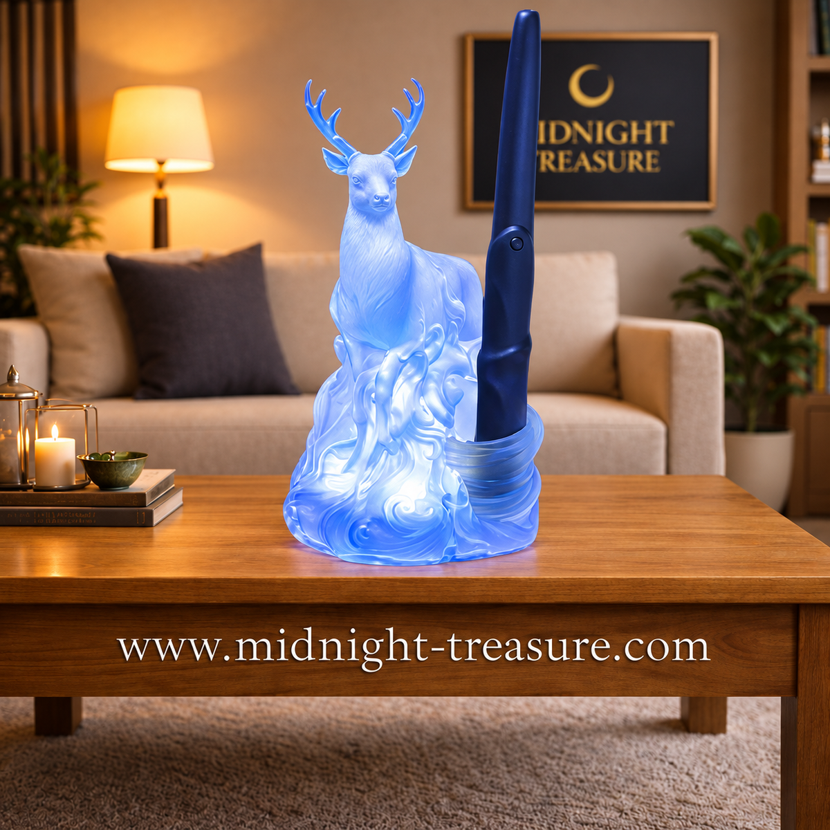 Lampe Patronus Harry Potter illuminée en bleu contrôlée avec une baguette magique