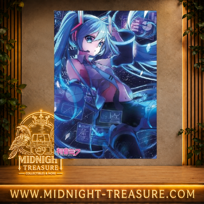 Poster Hatsune Miku Screen 91,5 x 61 cm représentant Hatsune Miku dans un univers numérique futuriste avec écrans et interfaces holographiques bleues.