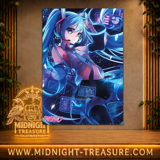 Poster Hatsune Miku Screen 91,5 x 61 cm représentant Hatsune Miku dans un univers numérique futuriste avec écrans et interfaces holographiques bleues.