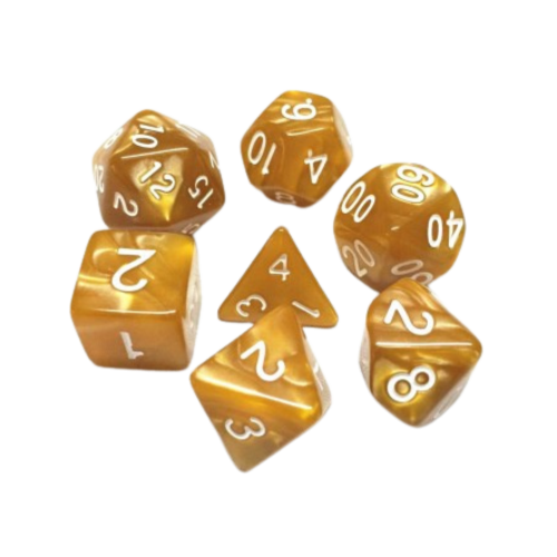 Lot de 7 dés multiformat en boîte – Or Nacré – Jeu de rôle. Set doré nacré brillant avec chiffres blancs (D4, D6, D8, D10, D00, D12, D20). Un design luxueux et raffiné parfait pour Donjons & Dragons, Pathfinder et autres jeux de rôle.