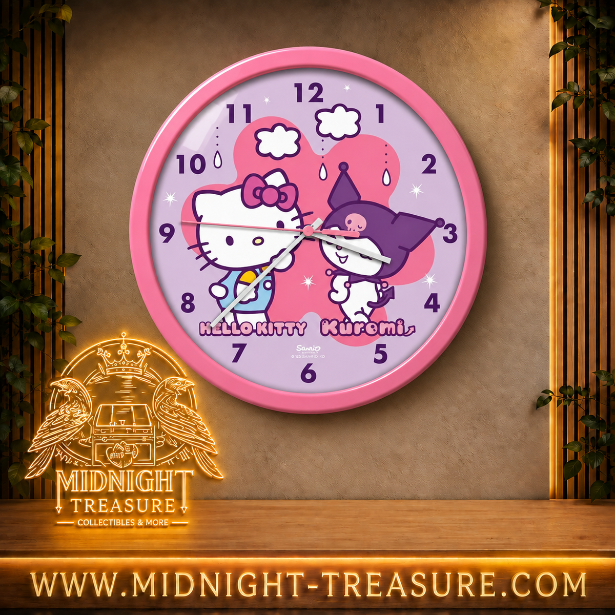 Horloge murale Sanrio Hello Kitty et Kuromi rose et violette 25 cm avec grand cœur