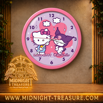 Horloge murale Sanrio Hello Kitty et Kuromi rose et violette 25 cm avec grand cœur