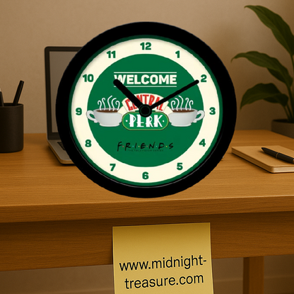 Horloge de bureau Friends Welcome to Central Perk, décoration officielle avec alarme, diamètre environ 12 cm, idéale pour les fans de la série Friends.