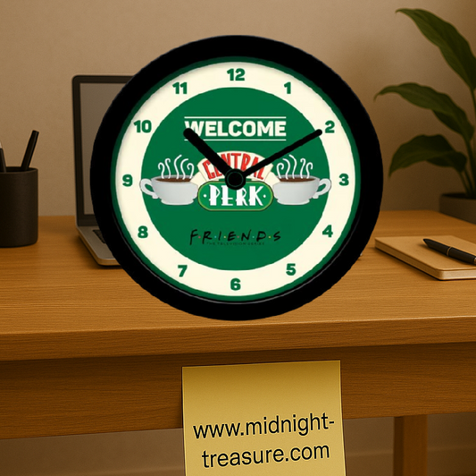 Horloge de bureau Friends Welcome to Central Perk, décoration officielle avec alarme, diamètre environ 12 cm, idéale pour les fans de la série Friends.