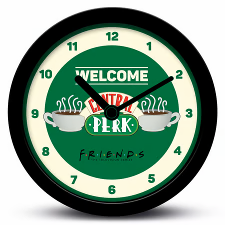 Horloge de bureau Friends Welcome to Central Perk, décoration officielle avec alarme, diamètre environ 12 cm, idéale pour les fans de la série Friends.