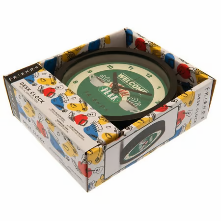 Horloge de bureau Friends Welcome to Central Perk, décoration officielle avec alarme, diamètre environ 12 cm, idéale pour les fans de la série Friends.