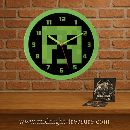 Horloge murale Minecraft Creeper 25 cm avec design vert pixelisé et aiguilles visibles.