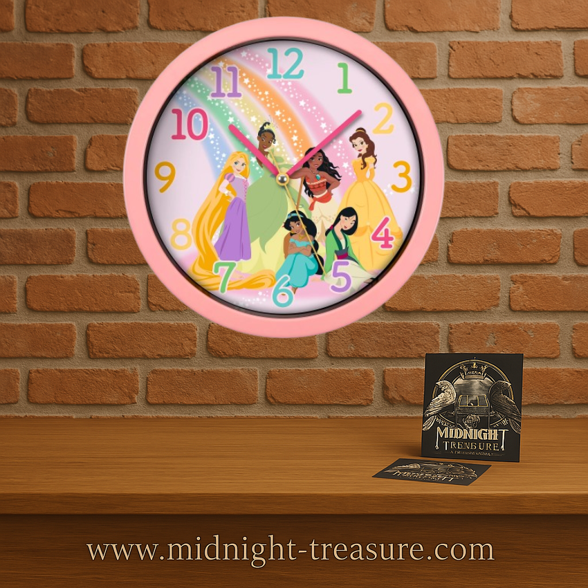 Horloge murale Disney Princesses – 24 cm. Horloge ronde avec plusieurs princesses Disney sur fond arc-en-ciel, chiffres colorés, design officiel.