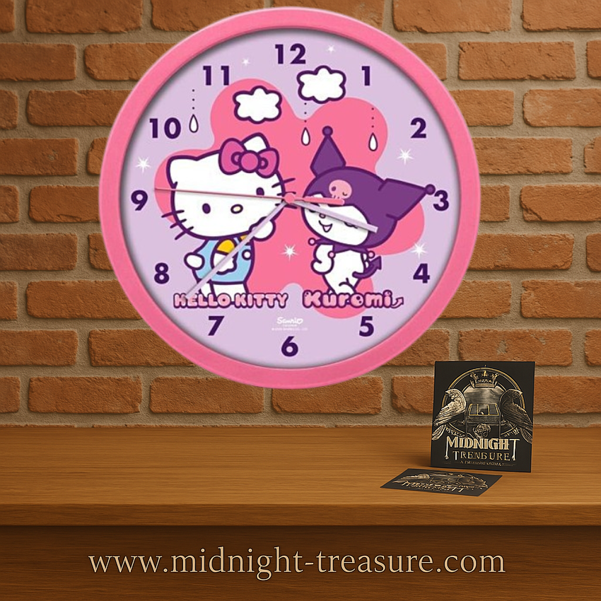 Horloge murale Hello Kitty & Kuromi de 25 cm avec visuel kawaii rose et violet sous licence officielle Sanrio.