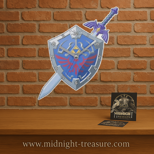 Horloge murale The Legend of Zelda en métal représentant le bouclier Hylien et l’épée, dimensions 27,2 x 23 x 4,2 cm, sous licence officielle.