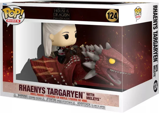 Funko Pop! Rides House of the Dragon – Rhaenys Targaryen with Meleys (N°124). Figurine représentant Rhaenys Targaryen chevauchant le dragon Meleys, dans une scène emblématique de la série.