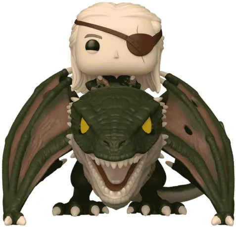 Funko Pop! Rides House of the Dragon – Aemond Targaryen avec Vhagar (N°136). Figurine d’Aemond en armure avec cache-œil chevauchant le puissant dragon Vhagar aux écailles vertes et aux yeux jaunes. Une pièce incontournable pour les fans de l’univers Targaryen.