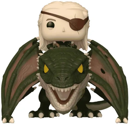 Funko Pop! Rides House of the Dragon – Aemond Targaryen avec Vhagar (N°136). Figurine d’Aemond en armure avec cache-œil chevauchant le puissant dragon Vhagar aux écailles vertes et aux yeux jaunes. Une pièce incontournable pour les fans de l’univers Targaryen.