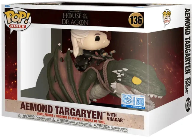 Funko Pop! Rides House of the Dragon – Aemond Targaryen avec Vhagar (N°136). Figurine d’Aemond en armure avec cache-œil chevauchant le puissant dragon Vhagar aux écailles vertes et aux yeux jaunes. Une pièce incontournable pour les fans de l’univers Targaryen.
