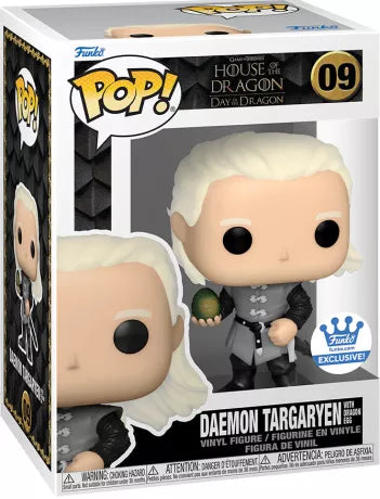 Funko Pop! House of the Dragon – Daemon Targaryen with Dragon Egg (N°09). Figurine détaillée représentant Daemon tenant un œuf de dragon. Parfaite pour les fans de La Maison du Dragon.