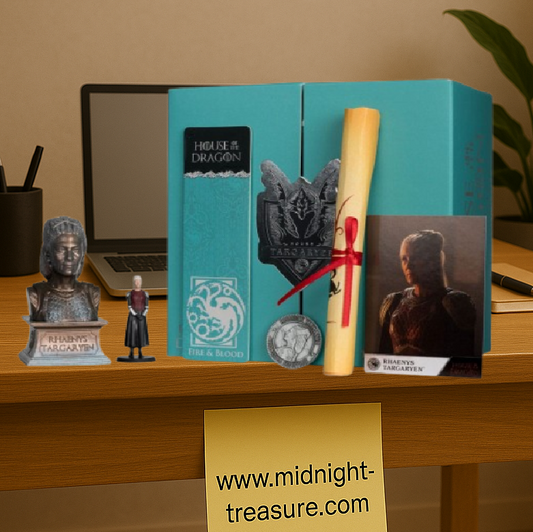 Coffret collector House of the Dragon – Rhaenys Targaryen. Ensemble comprenant un buste, une mini-figurine, une pièce de Westeros et des objets de collection officiels HBO.