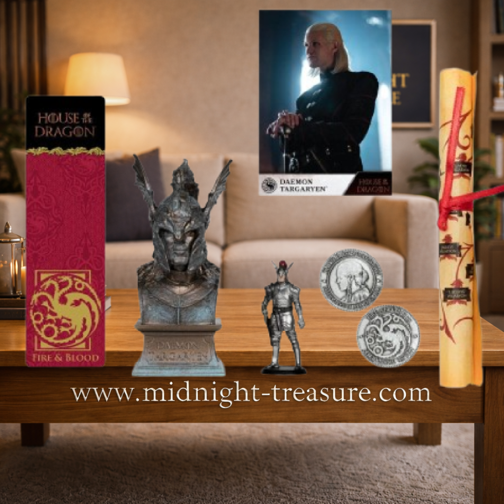 Coffret collector officiel House of the Dragon Daemon Targaryen par McFarlane Toys avec buste, mini-figurine, pièce Westeros, arbre généalogique, carte collector et marque-page.
