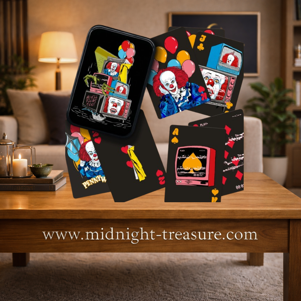 Jeu de cartes officiel Ça (IT) avec illustrations de Pennywise présenté dans une boîte métallique collector Paladone. Cartes plastifiées de qualité supérieure inspirées du célèbre univers de Stephen King. Un accessoire incontournable pour les fans de cinéma d'horreur et de collection.