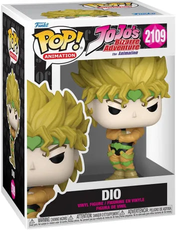 Funko Pop! JoJo’s Bizarre Adventure – Dio (N°2109). Figurine avec pose bras croisés et tenue jaune et verte.