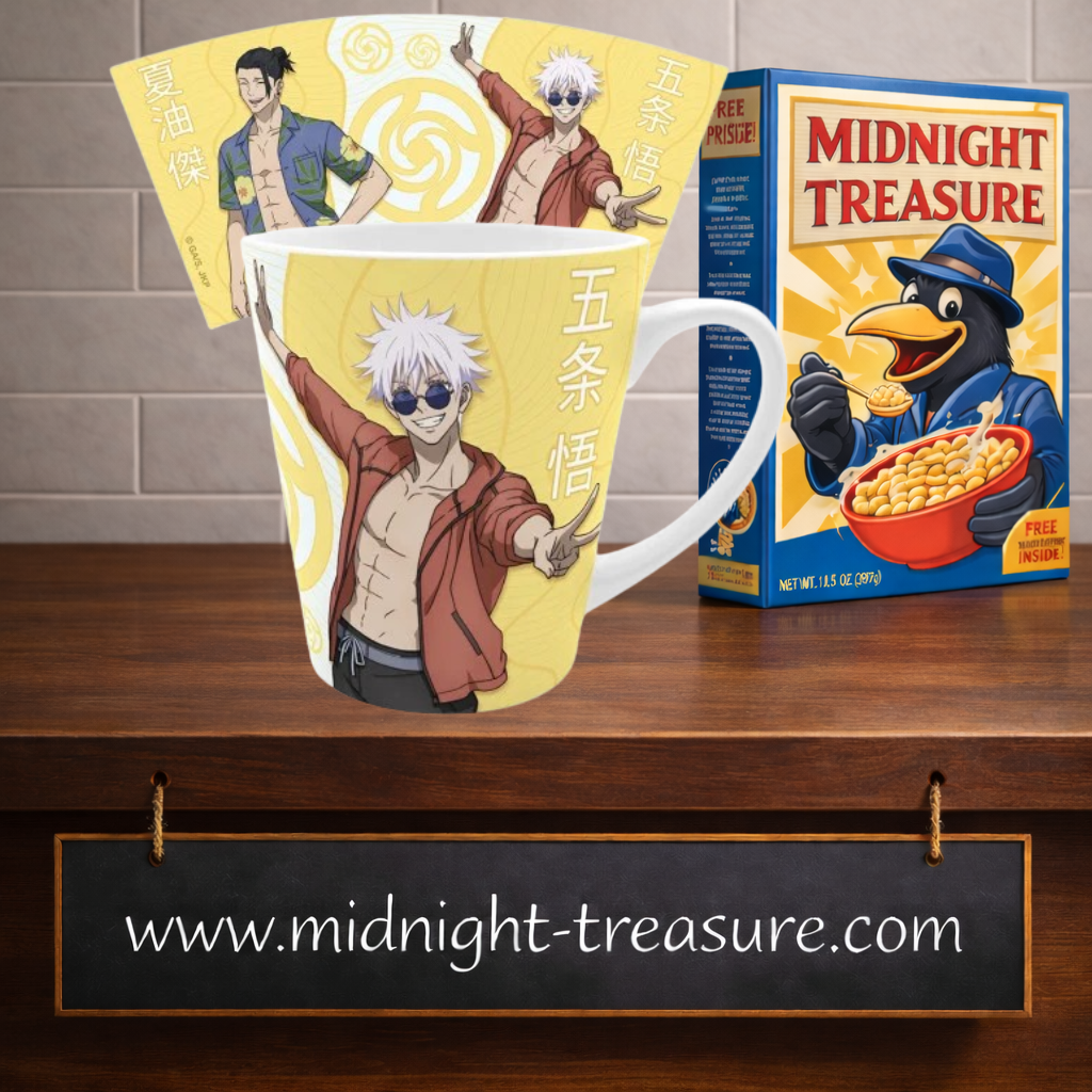 Mug officiel Jujutsu Kaisen 250 ml ABYstyle représentant Satoru Gojo et Suguru Geto dans leurs tenues estivales de la mission Trésor Caché à Okinawa.