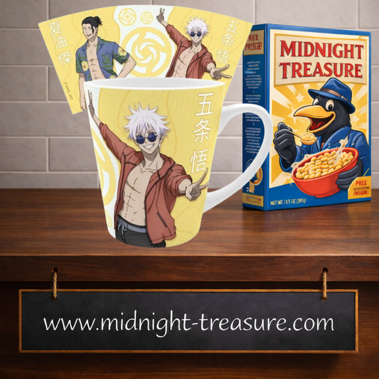 Mug officiel Jujutsu Kaisen 250 ml ABYstyle représentant Satoru Gojo et Suguru Geto dans leurs tenues estivales de la mission Trésor Caché à Okinawa.