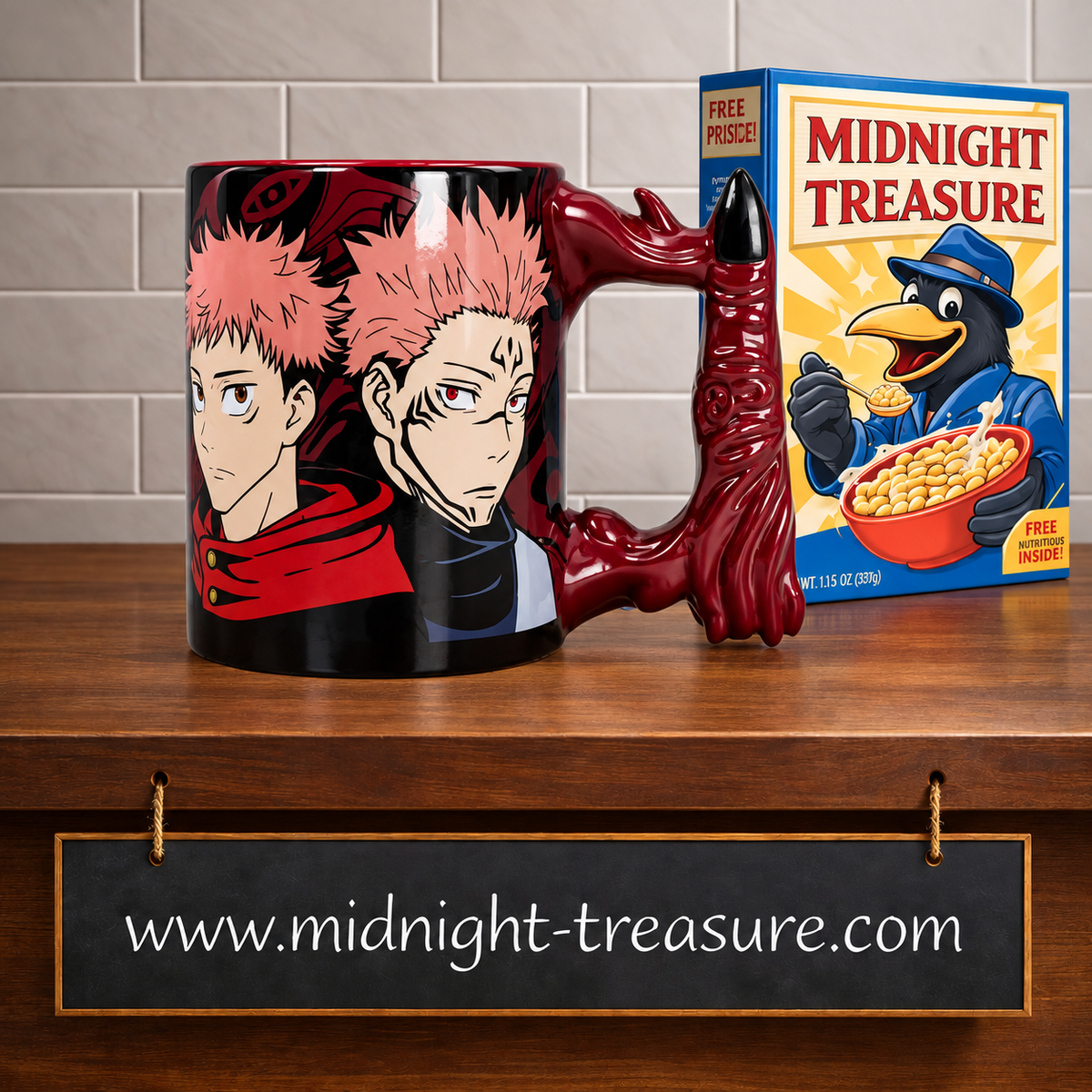 Mug 3D officiel Jujutsu Kaisen 460 ml ABYstyle avec Yuji Itadori et Ryomen Sukuna et anse sculptée en forme de doigt de Sukuna.