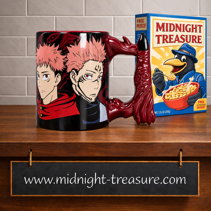 Mug 3D officiel Jujutsu Kaisen 460 ml ABYstyle avec Yuji Itadori et Ryomen Sukuna et anse sculptée en forme de doigt de Sukuna.