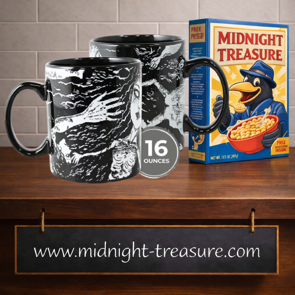 Mug officiel Junji Ito 325 ml noir par Just Funky avec illustrations horrifiques en noir et blanc inspirées du style graphique du mangaka japonais.