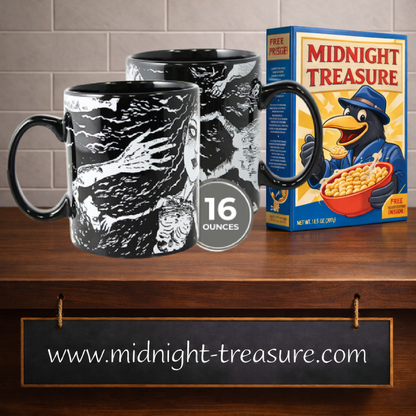 Mug officiel Junji Ito 325 ml noir par Just Funky avec illustrations horrifiques en noir et blanc inspirées du style graphique du mangaka japonais.