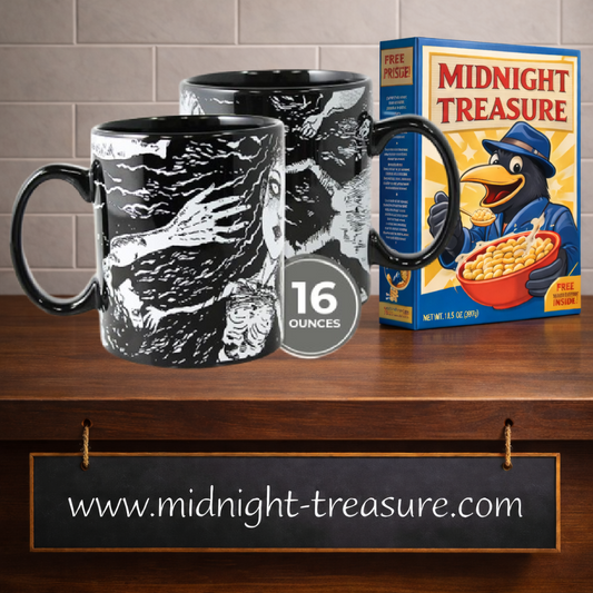 Mug officiel Junji Ito 325 ml noir par Just Funky avec illustrations horrifiques en noir et blanc inspirées du style graphique du mangaka japonais.