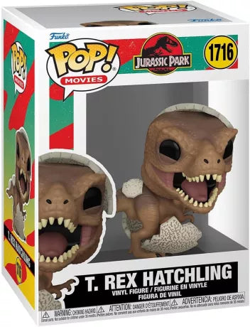 Funko Pop! Jurassic Park – T. Rex Hatchling (Éclosion) (N°1716). Figurine représentant le bébé T. Rex sortant de son œuf, une scène culte du film. Une pièce adorable et incontournable pour les fans de Jurassic Park.