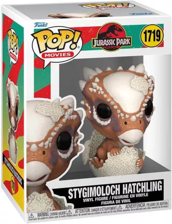 Funko Pop! Jurassic Park – Stygimoloch Hatchling (Éclosion du Stygimoloch) (N°1719). Figurine représentant un bébé Stygimoloch sortant de sa coquille avec détails réalistes. Une pièce adorable et culte pour les fans de Jurassic Park.