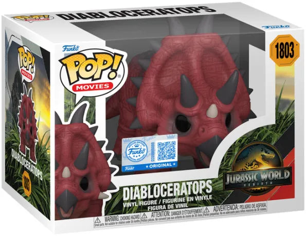 Funko Pop! Jurassic World – Diabloceratops (N°1803). Dinosaure rouge avec cornes imposantes. Figurine détaillée inspirée de Jurassic World.