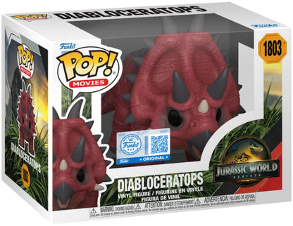 Funko Pop! Jurassic World – Diabloceratops (N°1803). Dinosaure rouge avec cornes imposantes. Figurine détaillée inspirée de Jurassic World.