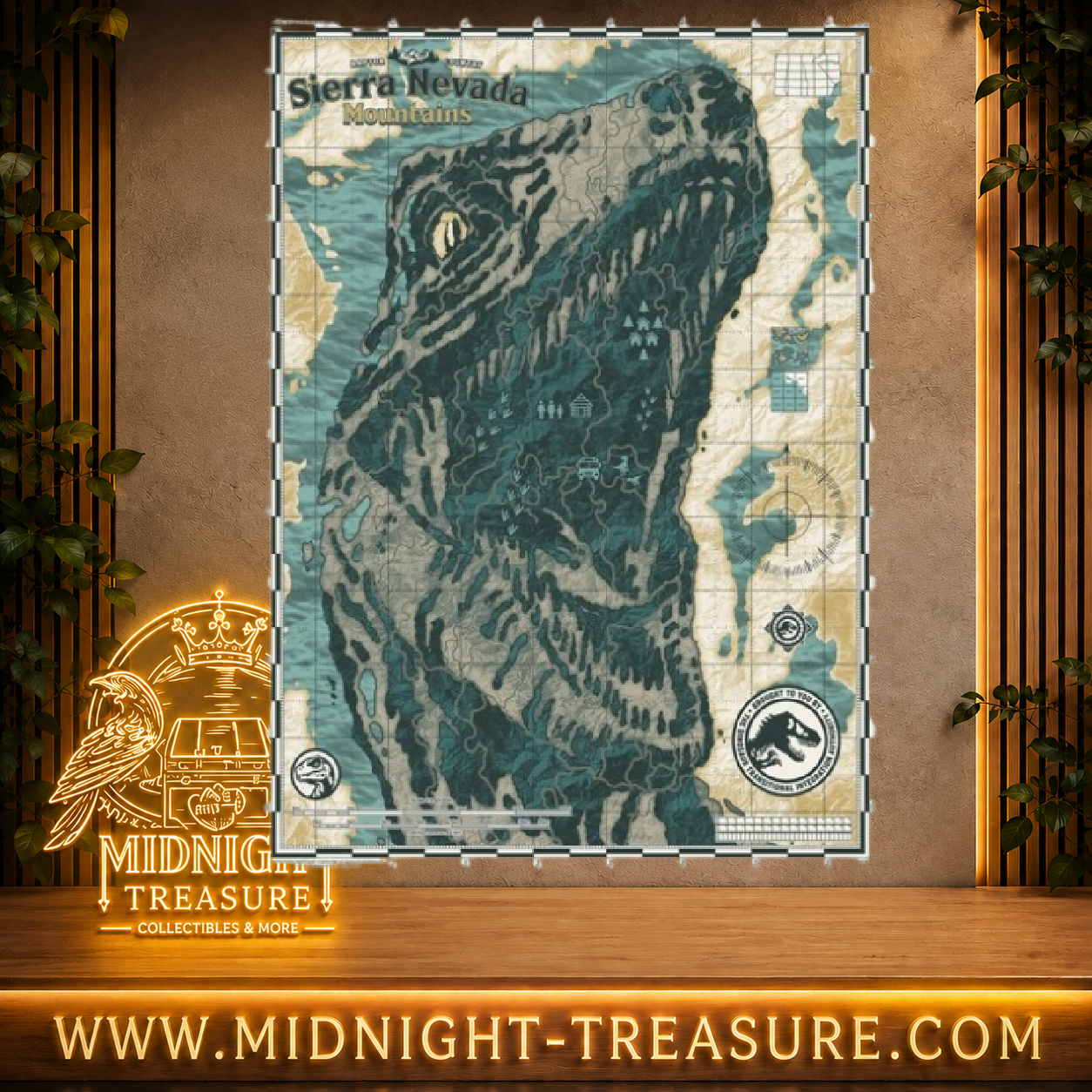 Art Print Jurassic World Sierra Nevada Mountains A3 Fanattik représentant une carte topographique formant la silhouette d'un T-Rex, édition limitée à 995 exemplaires.