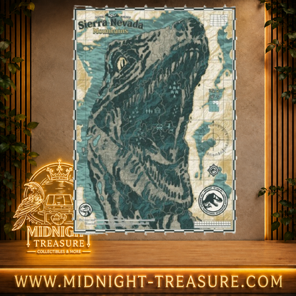 Art Print Jurassic World Sierra Nevada Mountains A3 Fanattik représentant une carte topographique formant la silhouette d'un T-Rex, édition limitée à 995 exemplaires.
