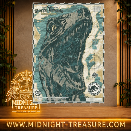 Art Print Jurassic World Sierra Nevada Mountains A3 Fanattik représentant une carte topographique formant la silhouette d'un T-Rex, édition limitée à 995 exemplaires.