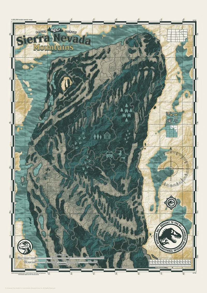 🦖🗺️ Jurassic World – Sierra Nevada Mountains – Art Print A3 – Édition limitée 🗺️🦖