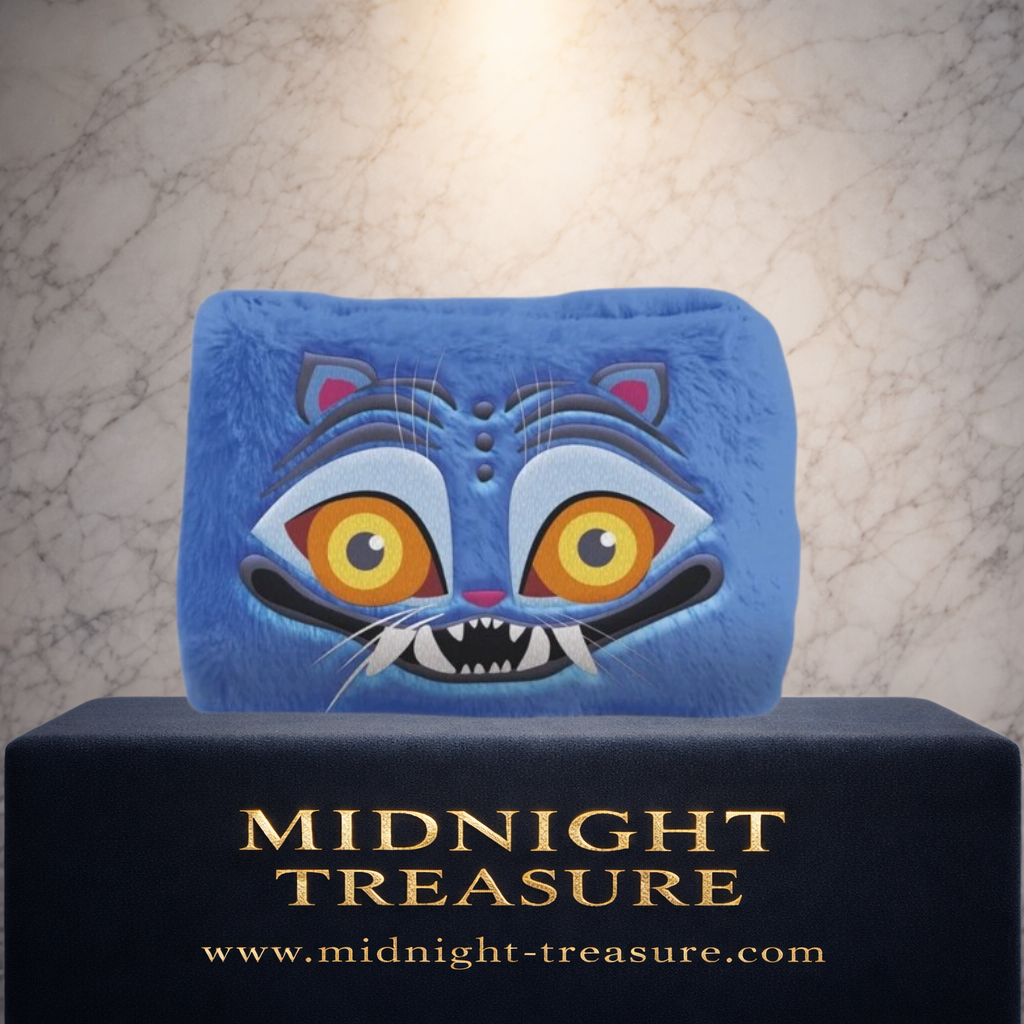 Trousse à crayons Fuzzy K-Pop Demon Hunters représentant Derpy, le tigre bleu, avec revêtement doux façon peluche et visage brodé.